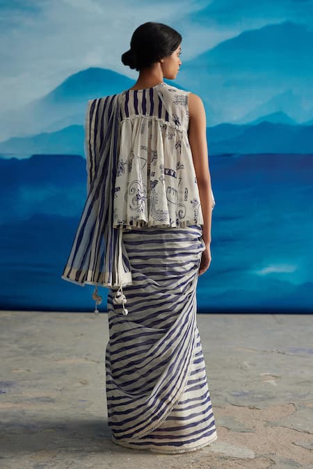 Shop_Ahmev_Ivory Chanderi Lace Willow Stripe Print Saree _at_Aza_Fashions