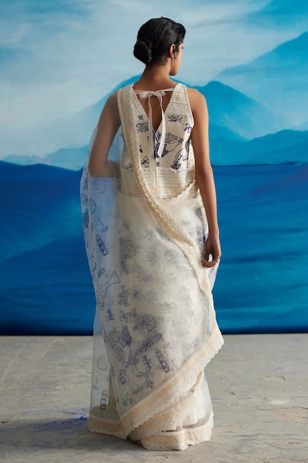 Shop_Ahmev_Ivory Organza Lace Ambrosia Border Embellished Saree _at_Aza_Fashions