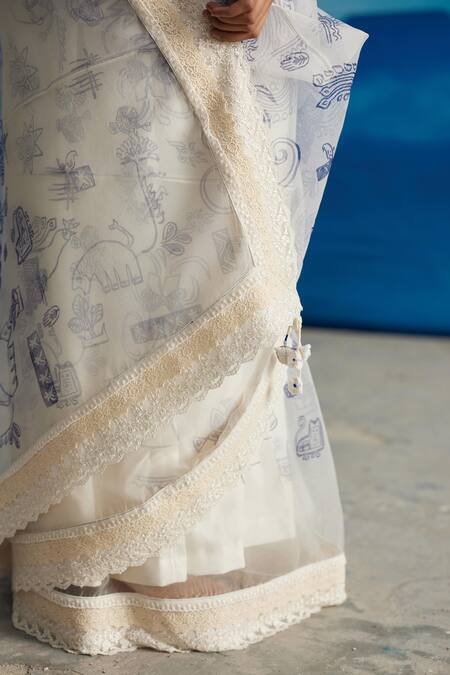 Ahmev_Ivory Organza Lace Ambrosia Border Embellished Saree _Online_at_Aza_Fashions