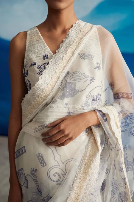 Buy_Ahmev_Ivory Organza Lace Ambrosia Border Embellished Saree _Online_at_Aza_Fashions