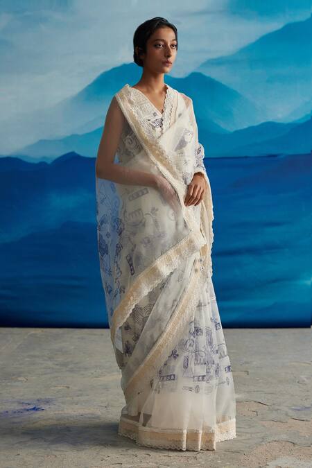 Shop_Ahmev_Ivory Organza Lace Ambrosia Border Embellished Saree _Online_at_Aza_Fashions
