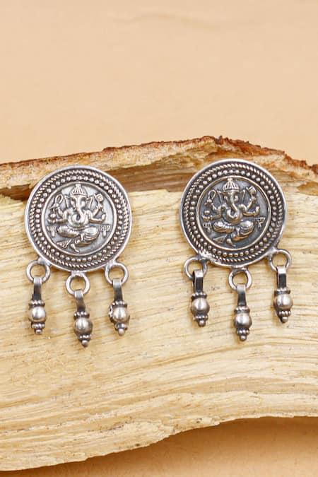Sangeeta Boochra Silver Plated Lord Ganesha Oxidised Carved Drop Earrings