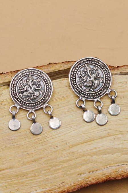 Sangeeta Boochra Silver Plated Cut Work Lord Ganesha Oxidised Carved Coin Drop Earrings