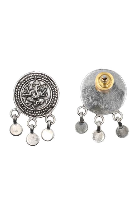 Sangeeta Boochra Silver Plated Cut Work Lord Ganesha Oxidised Carved Coin Drop Earrings Online at Aza Fashions Sangeeta Boochra_Silver Plated Cut Work Lord Ganesha Oxidised Carved Coin Drop Earrings _Online_at_Aza_Fashions