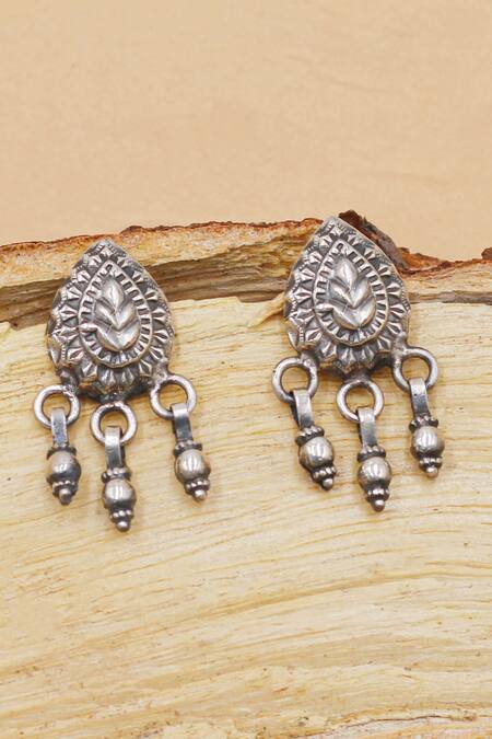 Sangeeta Boochra Carved Classic Frond Oxidised Drop Earrings 