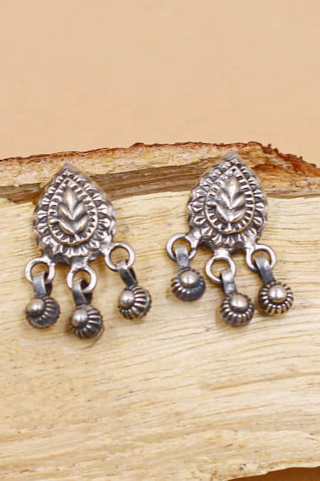 Sangeeta Boochra Silver Plated Cut Work Carved Glorious Leaflet Oxidised Drop Earrings 