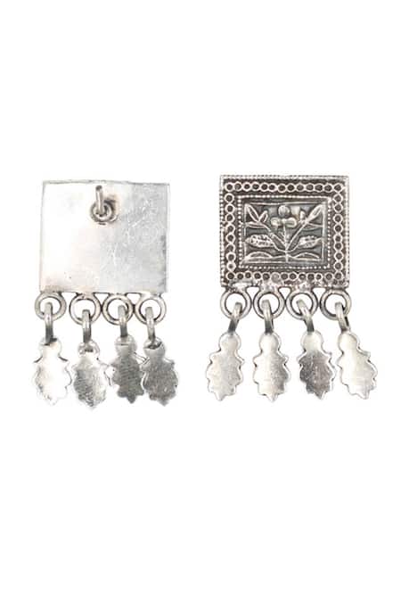 Sangeeta Boochra Silver Plated Cut Work Carved Plumeria Oxidised Leaf Drop Earrings Online at Aza Fashions Sangeeta Boochra_Silver Plated Cut Work Carved Plumeria Oxidised Leaf Drop Earrings _Online_at_Aza_Fashions