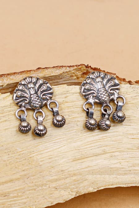 Sangeeta Boochra Silver Plated Cut Work Tribal Carved Dangling Earrings