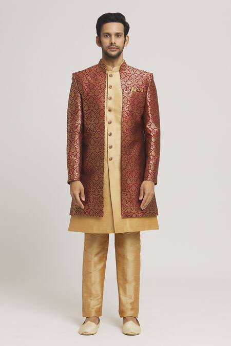 Arihant Rai Sinha_Maroon Brocade, Silk Embroidery Floral Pattern Jacket With Sherwani _at_Aza_Fashions