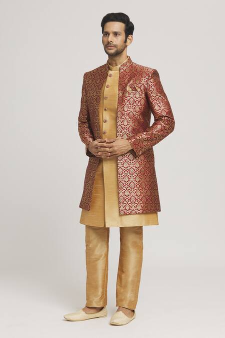 Buy_Arihant Rai Sinha_Maroon Brocade, Silk Embroidery Floral Pattern Jacket With Sherwani 