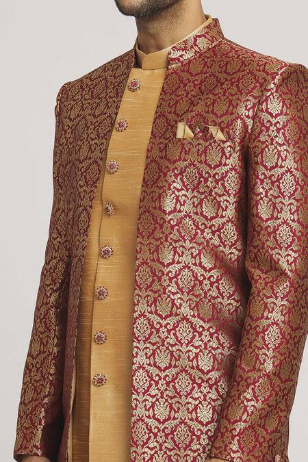 Shop_Arihant Rai Sinha_Maroon Brocade, Silk Embroidery Floral Pattern Jacket With Sherwani _Online_at_Aza_Fashions