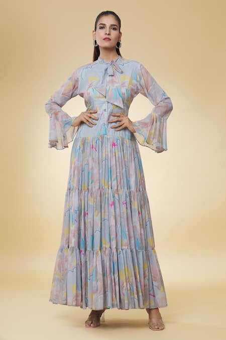 Naintara Bajaj Blue Pure Chiffon Abstract Tie-up Neck Misty Meadows Pattern Dress