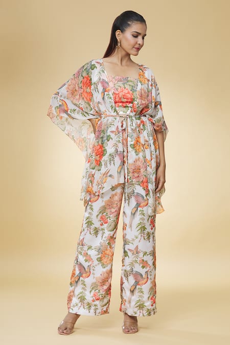 Naintara Bajaj White Jacket Pure Chiffon Floral Square Neck Citrus Blossom Pattern Pant Set