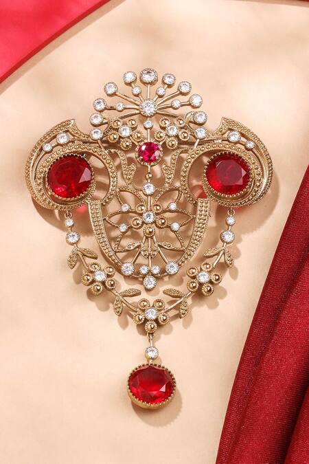 Cosa Nostraa_Gold Crystals, Diamonds Royal Sheen Embellished Brooch _Online_at_Aza_Fashions