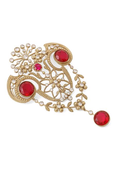 Cosa Nostraa_Gold Crystals, Diamonds Royal Sheen Embellished Brooch _at_Aza_Fashions