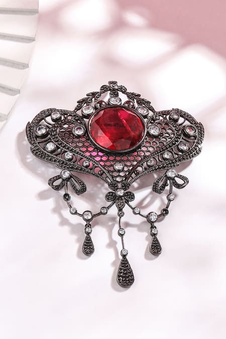 Shop_Cosa Nostraa_Grey Crystals Marvel Embellished Brooch _at_Aza_Fashions