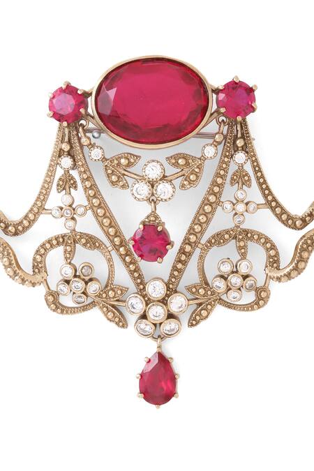 Cosa Nostraa_Gold Crystals Royal Lamp Stud Embellished Brooch _at_Aza_Fashions