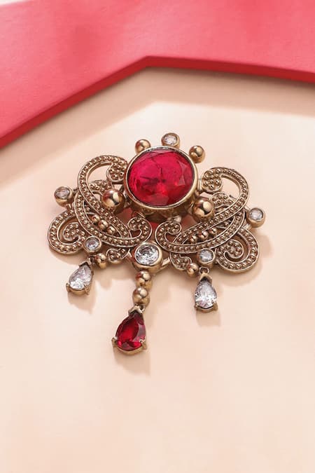 Shop_Cosa Nostraa_Gold Crystals Ethnic Magic Embellished Brooch _at_Aza_Fashions