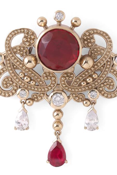 Cosa Nostraa_Gold Crystals Ethnic Magic Embellished Brooch _at_Aza_Fashions