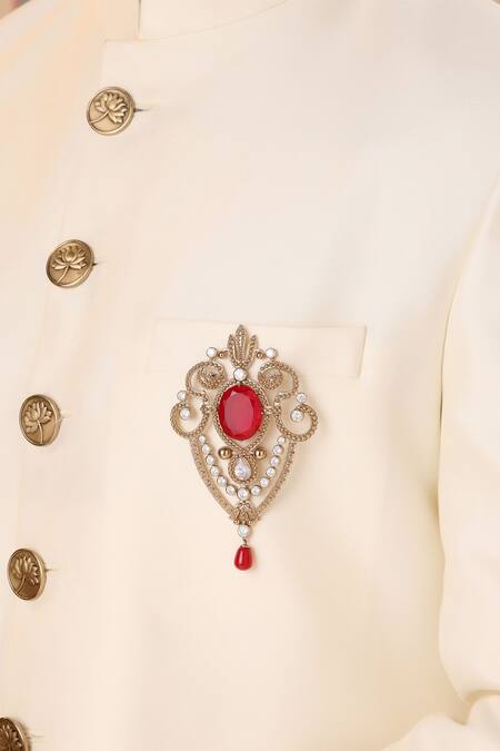 Cosa Nostraa_Gold Crystals Emerald Love Embellished Brooch _Online_at_Aza_Fashions