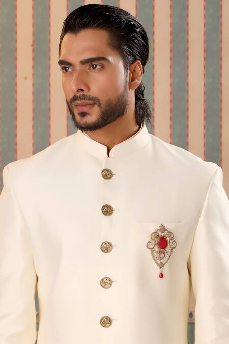 Buy_Cosa Nostraa_Gold Crystals Emerald Love Embellished Brooch _Online_at_Aza_Fashions