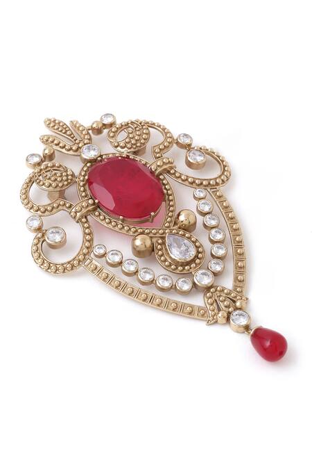 Shop_Cosa Nostraa_Gold Crystals Emerald Love Embellished Brooch _Online_at_Aza_Fashions