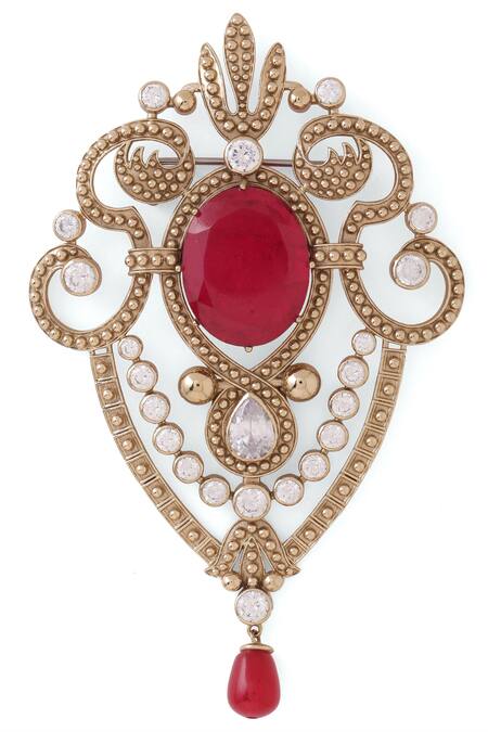 Cosa Nostraa_Gold Crystals Emerald Love Embellished Brooch _at_Aza_Fashions