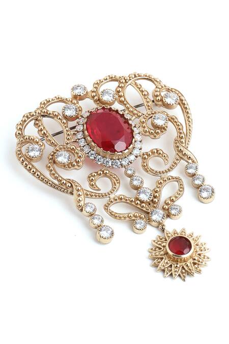 Shop_Cosa Nostraa_Gold Crystals Fab Flora Glass Stone Embellished Brooch _Online_at_Aza_Fashions