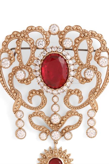Cosa Nostraa_Gold Crystals Fab Flora Glass Stone Embellished Brooch _at_Aza_Fashions