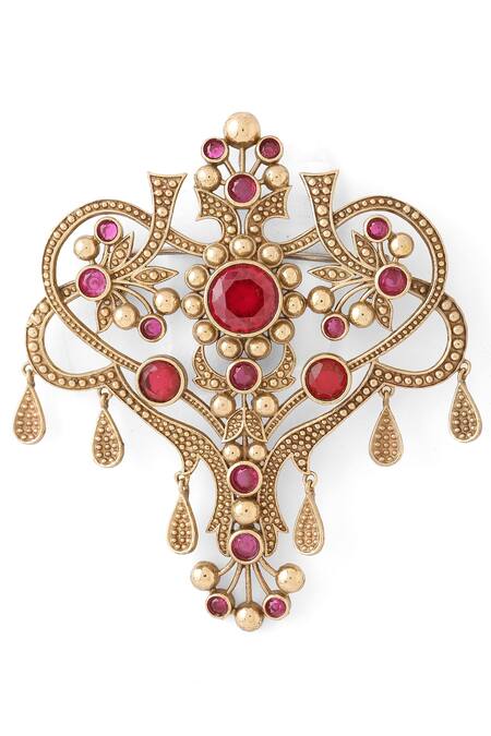 Shop_Cosa Nostraa_Gold Crystals Gemstone Embellished Brooch _Online_at_Aza_Fashions