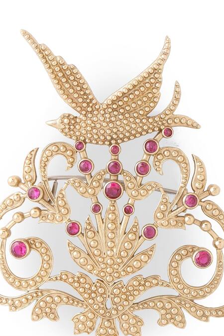 Shop_Cosa Nostraa_Gold Crystals Floral And Flight Gemstone Embellished Brooch _Online_at_Aza_Fashions