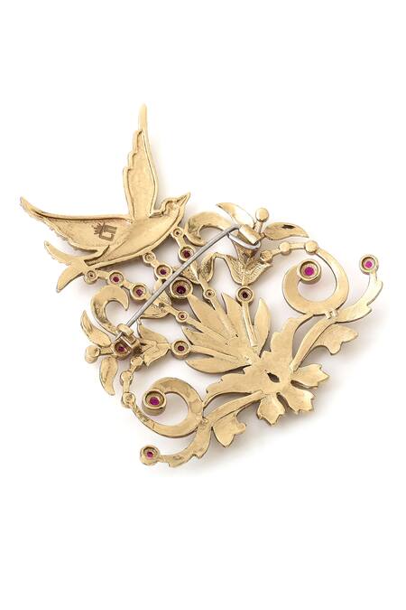 Cosa Nostraa_Gold Crystals Floral And Flight Gemstone Embellished Brooch _at_Aza_Fashions