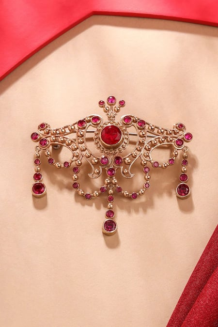 Shop_Cosa Nostraa_Gold Crystals Antique Marvel Embellished Brooch _at_Aza_Fashions