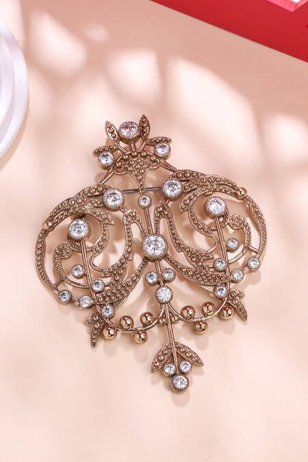 Shop_Cosa Nostraa_Gold Crystals, Diamonds Ornate Aura Filigree Brooch _at_Aza_Fashions