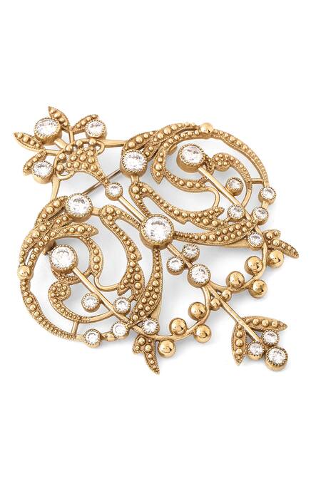 Buy_Cosa Nostraa_Gold Crystals, Diamonds Ornate Aura Filigree Brooch _Online_at_Aza_Fashions