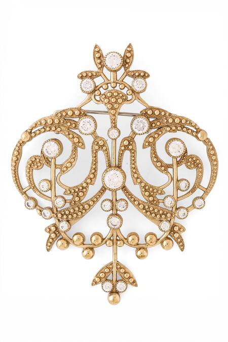 Shop_Cosa Nostraa_Gold Crystals, Diamonds Ornate Aura Filigree Brooch _Online_at_Aza_Fashions