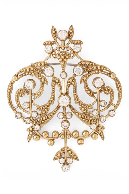 Cosa Nostraa_Gold Crystals, Diamonds Ornate Aura Filigree Brooch _at_Aza_Fashions