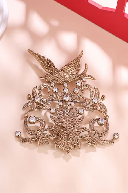Shop_Cosa Nostraa_Gold Crystals Flora And Flight Studded Brooch _at_Aza_Fashions