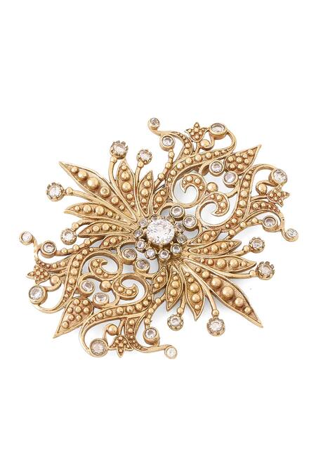 Buy_Cosa Nostraa_Gold Crystals Rustic Fleur Reflection Brooch _Online_at_Aza_Fashions