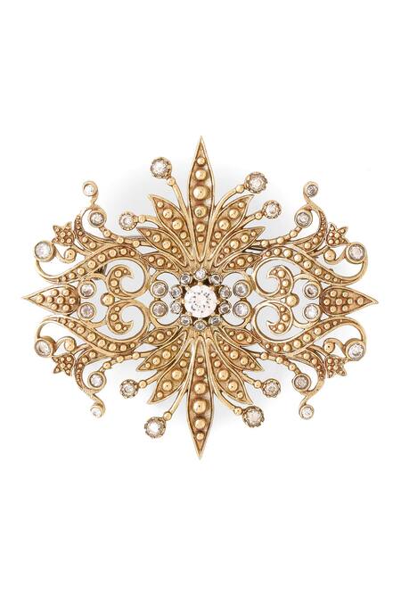 Shop_Cosa Nostraa_Gold Crystals Rustic Fleur Reflection Brooch _Online_at_Aza_Fashions