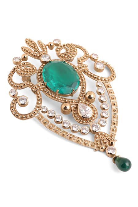 Buy_Cosa Nostraa_Gold Crystals, Stones Emerald Studded Love Brooch _Online_at_Aza_Fashions