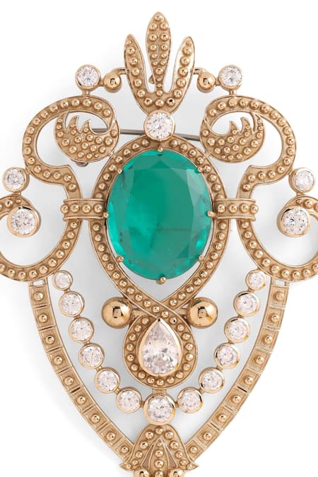 Shop_Cosa Nostraa_Gold Crystals, Stones Emerald Studded Love Brooch _Online_at_Aza_Fashions
