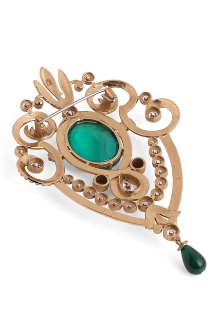 Cosa Nostraa_Gold Crystals, Stones Emerald Studded Love Brooch _at_Aza_Fashions