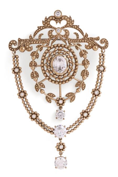 Buy_Cosa Nostraa_Gold Crystals Persian Fleur Swerve Studded Brooch _Online_at_Aza_Fashions