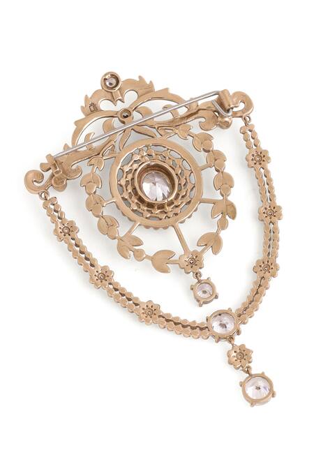 Shop_Cosa Nostraa_Gold Crystals Persian Fleur Swerve Studded Brooch _Online_at_Aza_Fashions