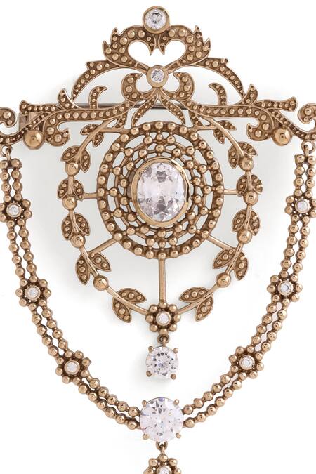 Cosa Nostraa_Gold Crystals Persian Fleur Swerve Studded Brooch _at_Aza_Fashions