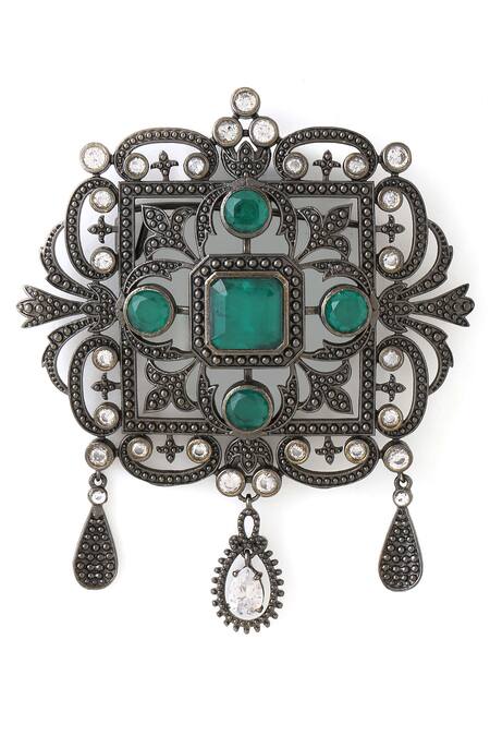 Shop_Cosa Nostraa_Grey Crystals Royal Rustic Florin Studded Brooch _Online_at_Aza_Fashions