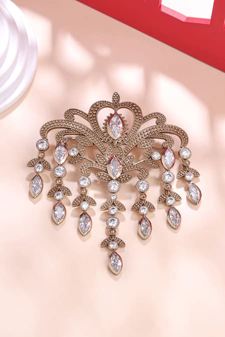 Shop_Cosa Nostraa_Gold Crystals Victorian Studded Dangle Brooch _at_Aza_Fashions