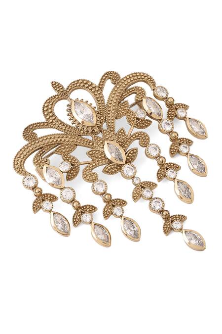 Buy_Cosa Nostraa_Gold Crystals Victorian Studded Dangle Brooch _Online_at_Aza_Fashions