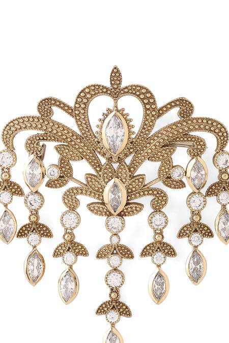 Shop_Cosa Nostraa_Gold Crystals Victorian Studded Dangle Brooch _Online_at_Aza_Fashions